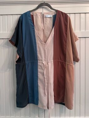 Shoreline Sugars Multi-Panel V-Neck Drawstring Romper - Blue/Pink/Brown L